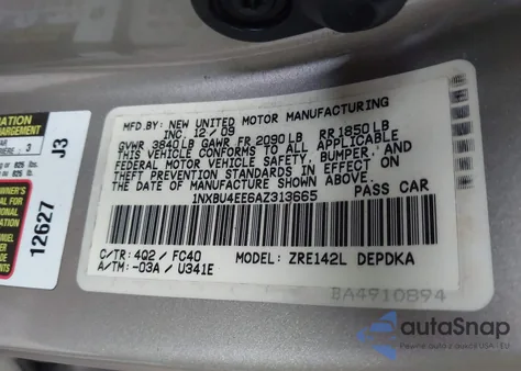 2010 Toyota Corolla Le из США, поврежденный, VIN 1NXBU4EE6AZ313665